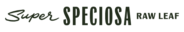 'Super Speciosa Raw Leaf logo in dark green font.'